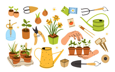 Gardening equipment and tools still life vector illustration. Garden watering can, flowers, shovel, flowerpot with plant, wellies rubber boots icon set isolated on a white background