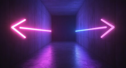 Neon arrows in a dark concrete tunnel