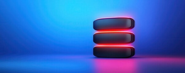 Obraz premium Stacked black objects with vibrant neon lighting on a blue background.