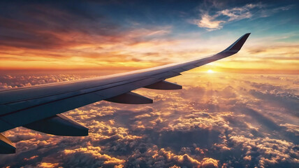 Obraz premium Beautiful sunset, sky on the top view, airplane flying view from inside window aircraft of Traveling