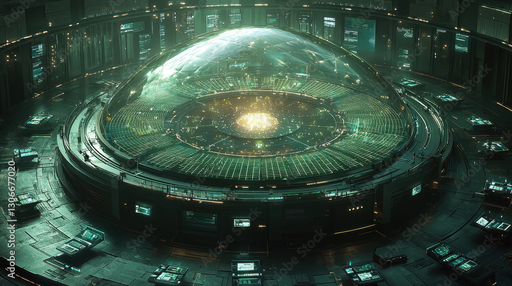 Poster futuristic coworking environment inside high tech dome features advanced digital interfaces and glow