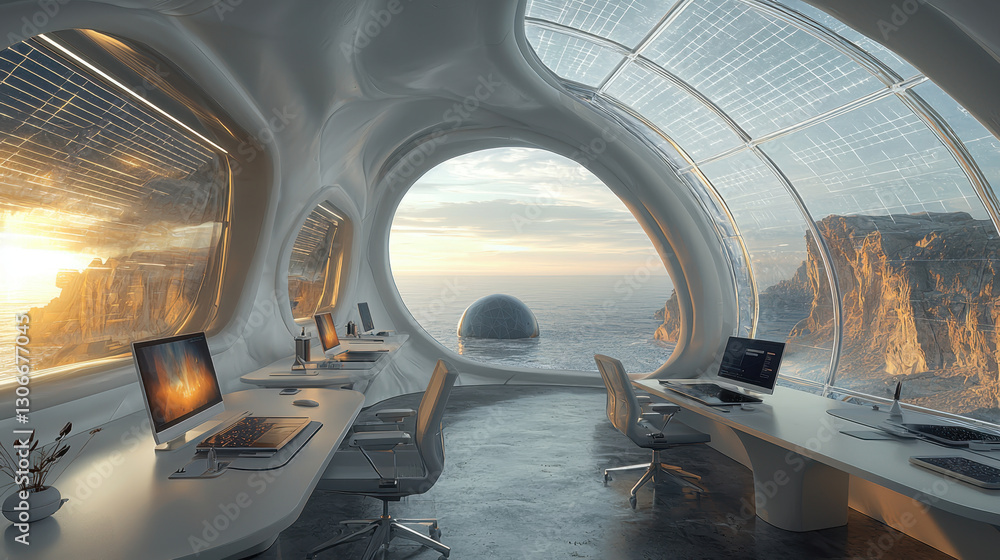 Poster futuristic coworking space with curved architecture and ocean view, featuring modern workstations an