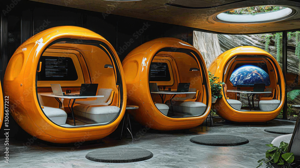 Poster futuristic coworking space with orange pod workstations and modern design. environment features adva