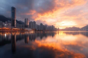 Fototapeta premium A dramatic sunset casts fiery colors over high-rise buildings beside a tranquil waterfront, creating a beautiful interplay of light and reflection.