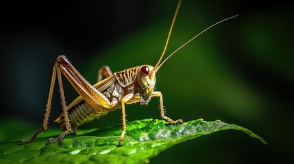 A close up macro photograph of a grasshopper on green leaf
