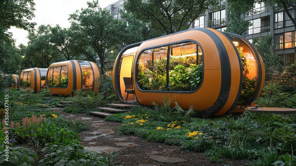 Poster futuristic coworking spaces with biophilic design featuring pod like structures surrounded by lush g