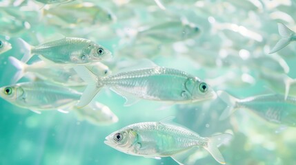 Naklejka premium A school of small transparent fish swims underwater together gracefully