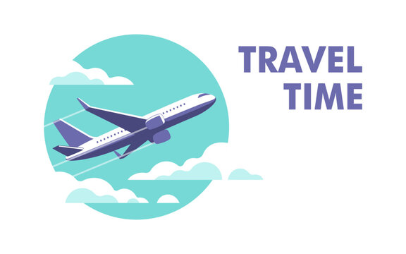 Airplane gaining altitude between clouds. Travel and vacation time. Vector illustration in a minimalistic style.