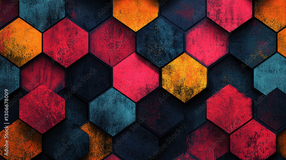 Aufkleber vibrant geometric pattern featuring hexagonal shapes red, orange, and blue tones, creating dynamic a