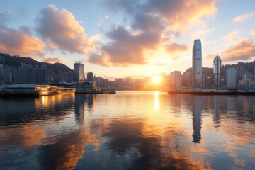 Fototapeta premium A stunning city skyline at sunset, showcasing towering skyscrapers reflecting on the water, with beautiful clouds creating a dramatic atmosphere around the urban landscape.