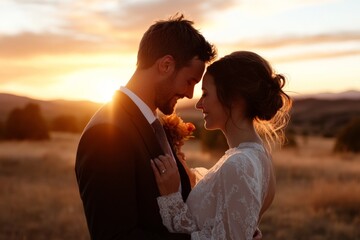 A newlywed couple sharing a tender moment at sunset, surrounded by nature, symbolizing love, commitment, and the beauty of their shared journey in life.
