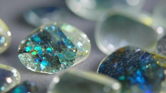 Vibrant macro video pans across a bed of tiny, sparkling labradorite stones, their colors shimmering under soft light against a muted grey background