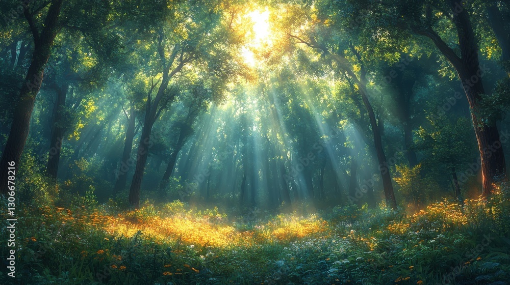 Aufkleber a serene forest scene with sunlight streaming through misty trees creating a calm and ethereal atmos