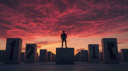 A silhouetted figure stands on a pedestal amidst numbered blocks against a vibrant sunset sky.