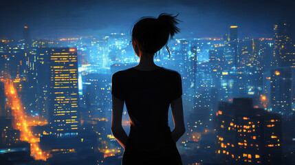 A silhouette of a person gazing at a vibrant city skyline at night.