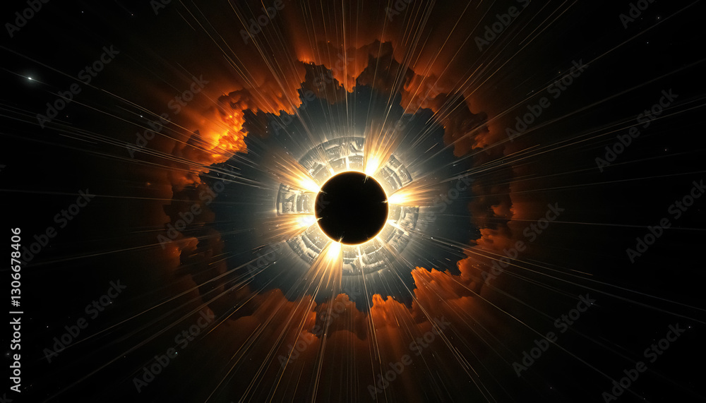 Aufkleber digitally rendered solar eclipse surrounded by fiery clouds and cosmic rays emanating from center