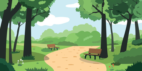 Spring forest landscape. Vector illustration. Natural public park with flowers blooming in the garden. Flat vector web banner