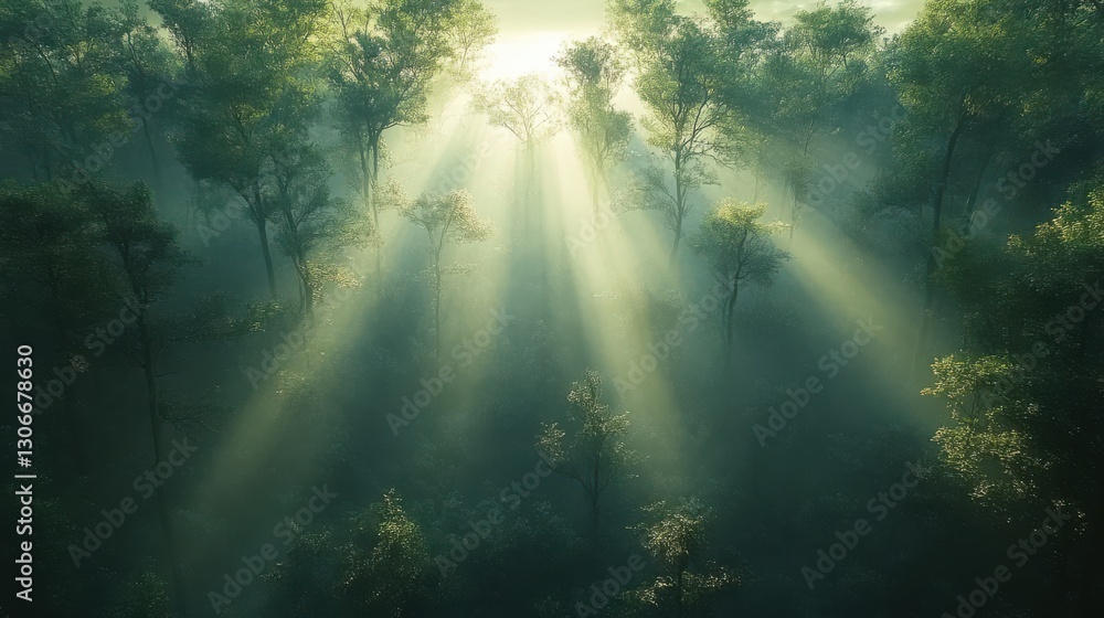 Aufkleber a serene forest scene with sunlight streaming through misty trees creating a calm and ethereal atmos