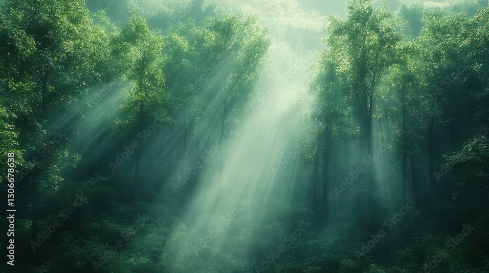 Poster a serene forest scene with sunlight streaming through misty trees creating a calm and ethereal atmos