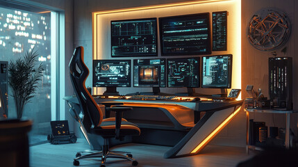 high tech home office with multiple screens and sleek, futuristic design, featuring ambient lighting and modern ergonomic chair, creating sophisticated workspace