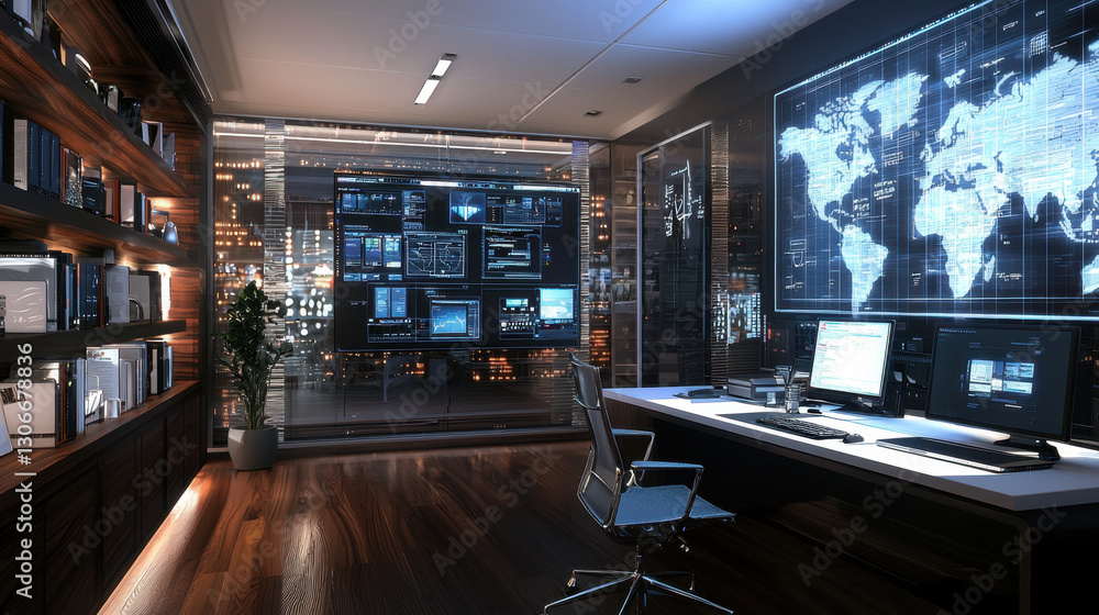 Poster high tech home office with sophisticated corporate design features large digital world map display, 