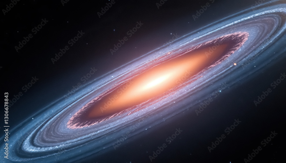 Poster swirling cosmic island with radiant core and celestial rivers weaving through fabric of space time