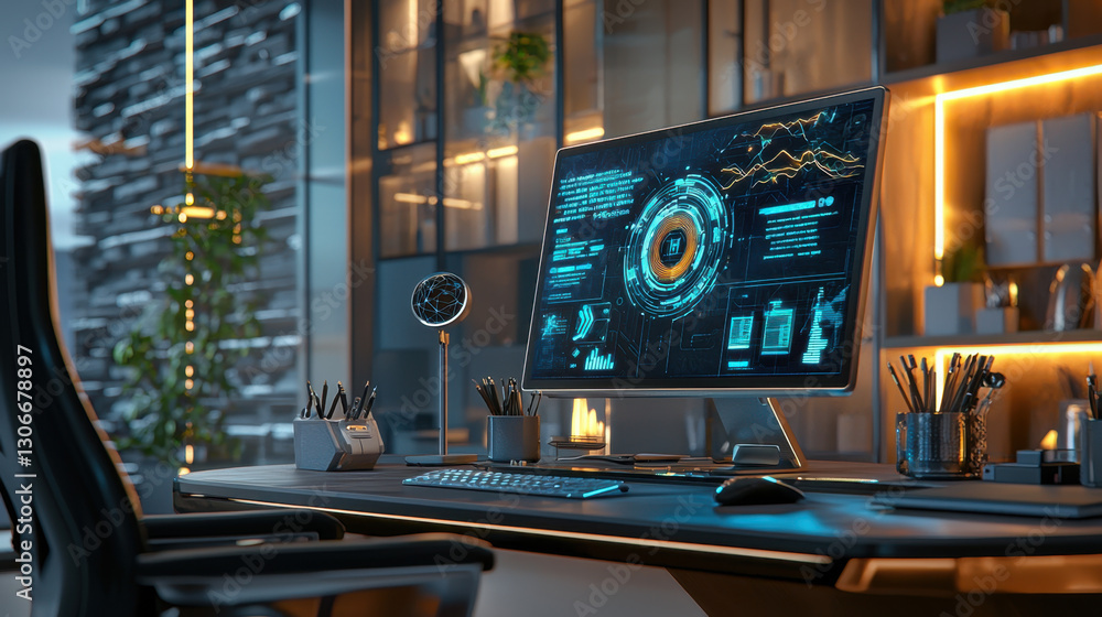 Poster modern home office with sleek desk setup features large monitor displaying futuristic data visuals, 