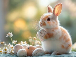 Cute rabbit Easter bunny adorable with easter egg blue pink yellow polkadot vibrant colorful painting in spring floral garden background. Easter holiday concept.