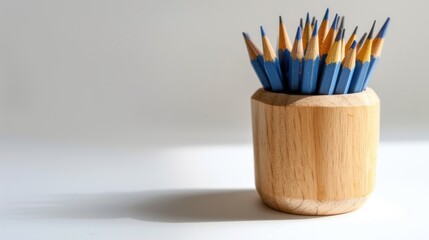 A smooth wooden cup filled with sharpened blue pencils.