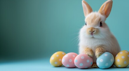 Easter holiday concept. cute baby easter bunny adorable rabbit with easter egg colorful painting on blue background.