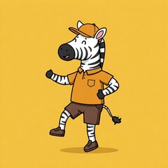 artoon Zebra in Dynamic Pose, Flat Vector Illustration, Light Yellow Background, Energetic Style, Suitable for Animated Design or Mascot