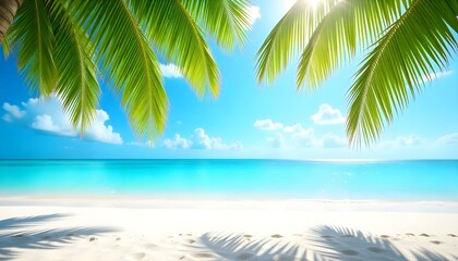 A sunny beach scene with a clear blue sky, turquoise water, and white sand. Palm trees frame the top of the image, with the sun shining brightly through their leaves