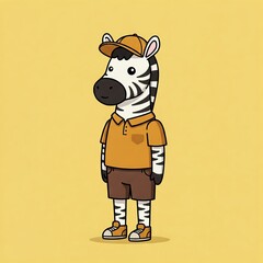 Cartoon Zebra in Cap and Polo Shirt, Flat Illustration, Light Yellow Background, Casual Style, Ideal for Sport or Urban Design