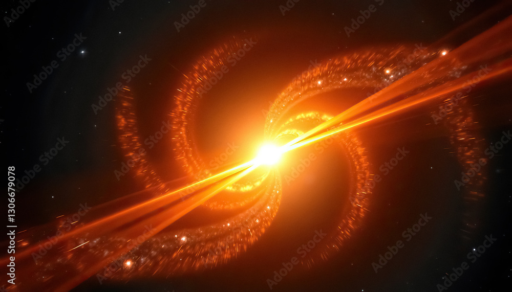 Poster Distant galaxy spews superheated matter into space along two axes ringed by trailing particles