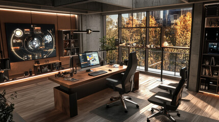 modern home office with high tech gadgets, featuring large digital screen, sleek furniture, and view of autumn trees through large windows