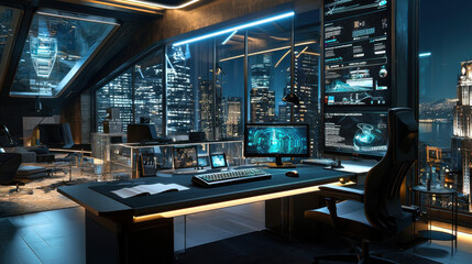 high tech home office with futuristic design, featuring multiple screens displaying digital interfaces, set against cityscape at night. space is sleek and modern, ideal for tech enthusiasts