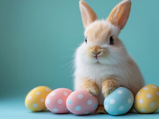 Easter holiday concept. cute baby easter bunny adorable rabbit with easter egg colorful painting on blue background.