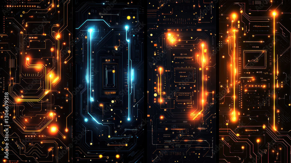 Poster glowing circuit patterns with vibrant blue and orange lights create high tech, futuristic design. se