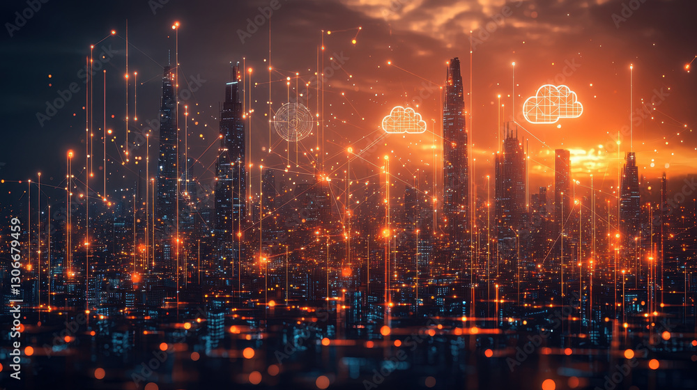 Poster futuristic cityscape at sunset with digital data streams and cloud icons representing technology and