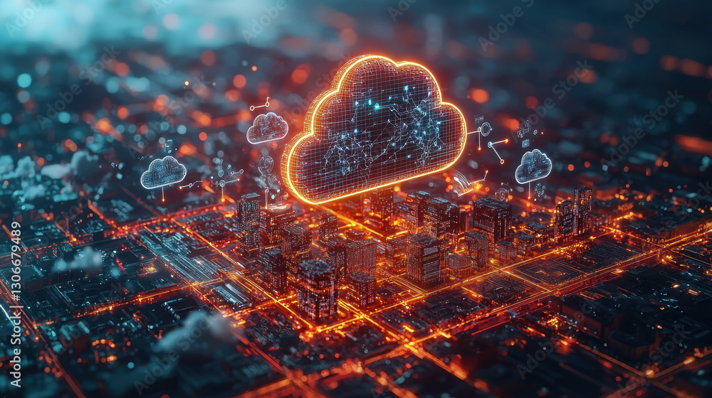 Aufkleber glowing digital cloud hovers over futuristic cityscape, symbolizing cloud computing and data network