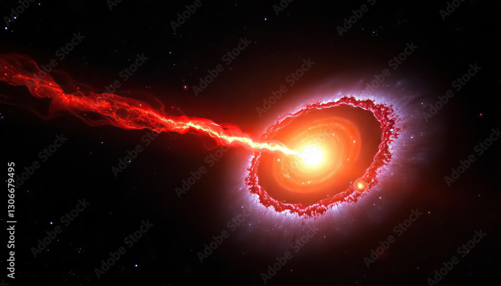 Poster visually depiction of active galactic nucleus ejecting powerful jet into surrounding space