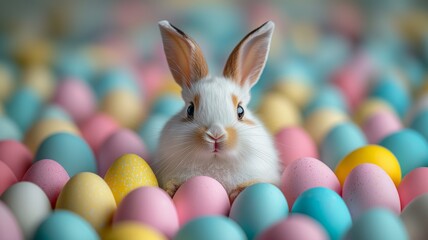 Cute rabbit Easter bunny adorable with many vibrant colorful easter egg  painting background celebration. Easter holiday concept.