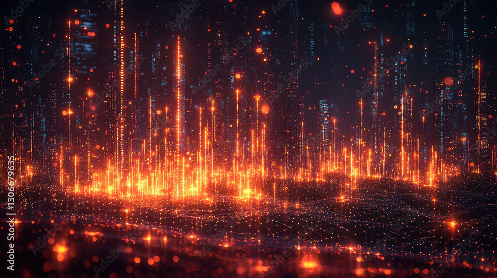 Poster vibrant digital landscape with glowing data streams and futuristic cityscape, illustrating concept o