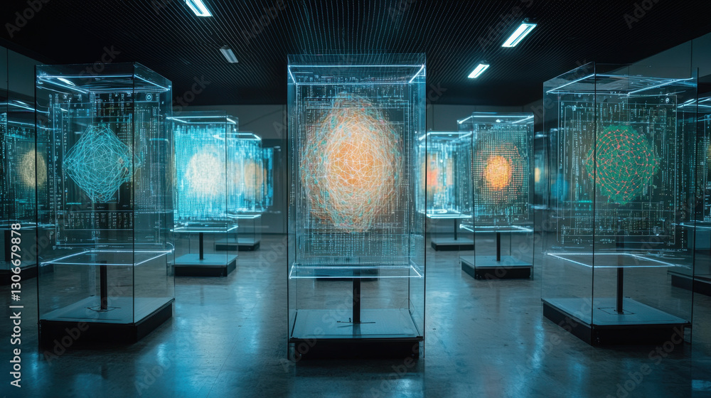 Poster futuristic room with glowing data visualizations in glass cases, showcasing advanced technology and 