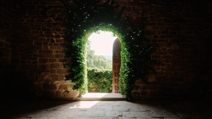Obraz premium Sunlit doorway framed by lush vines