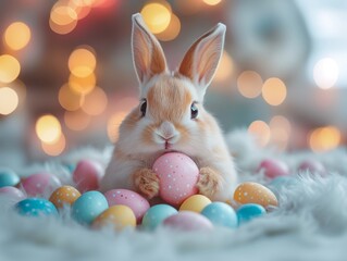 Easter bunny adorable rabbits with easter egg painting on fluffy blue knitting with elegant decoration background. Easter holiday concept.