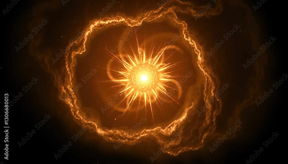 Poster abstract of golden starburst with energy waves and cosmic dust swirling in vortex in deep space