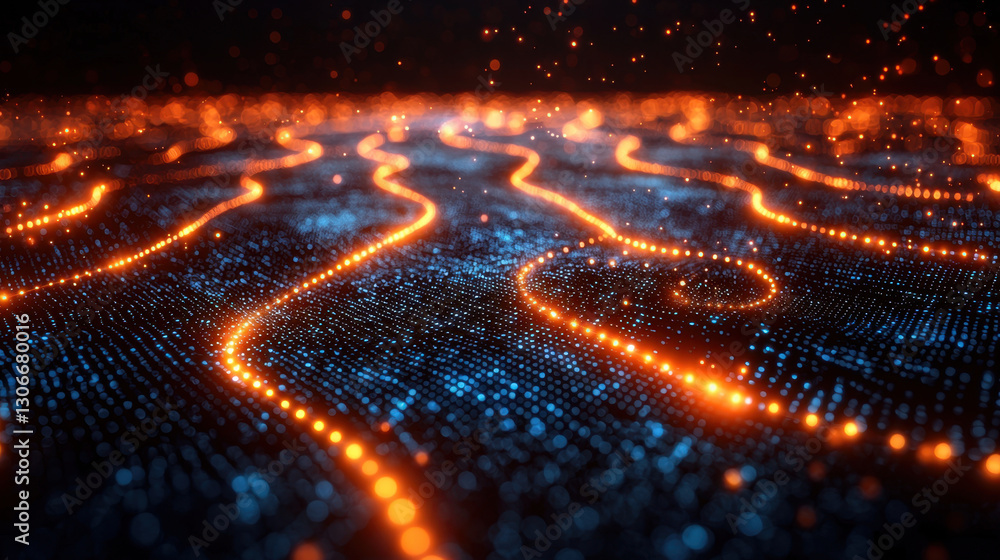 Poster glowing network of orange and blue lights forms abstract digital landscape, representing data flow a