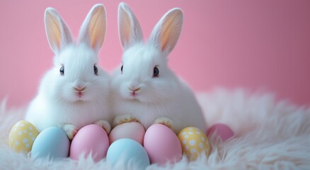 Easter bunny two adorable rabbits with easter egg blue pink yellow polkadot painting on pastel color background. Easter holiday concept.