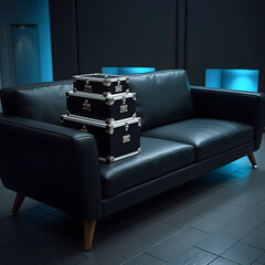 Fototapeta premium A sleek black leather sofa in a minimalist, futuristic living room with a stack of monochrome black and white boxes placed on it